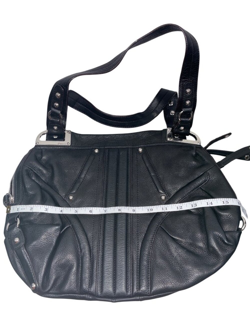 B. Makowsky Black Genuine Leather Shoulder Bag With Leopard Print Lining And Sil - Picture 7 of 13